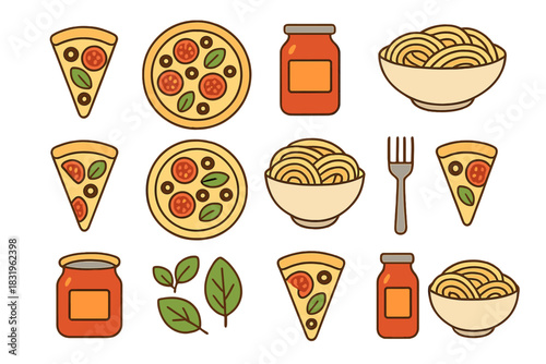 Colorful illustrations of pizza, pasta, and sauce reflecting Italian cuisine with vibrant ingredients