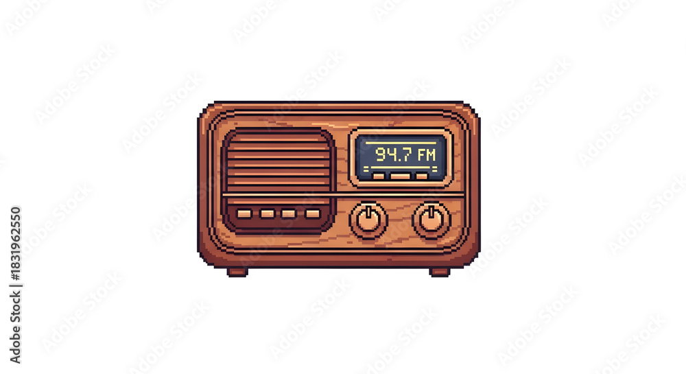 Fototapeta premium vintage tabletop radio PNG pixel art illustration featuring a brown retro radio with dual dials and digital panel, perfect for nostalgic collectibles and audio icons