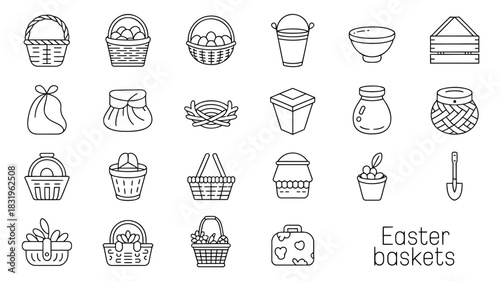 Collection of various easter basket and container line art icons for spring holiday celebrations