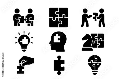 Collaborative teamwork and problem-solving concepts illustrated with puzzle pieces and symbols