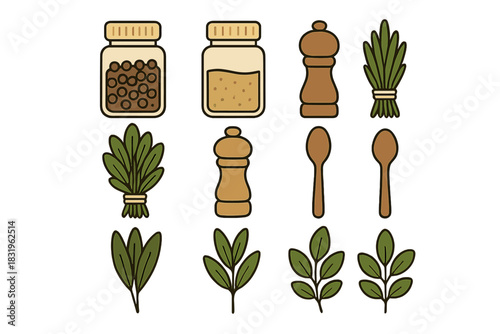 Collection of herbs, spices, and kitchen tools arranged for cooking preparation in a vibrant and artistic style