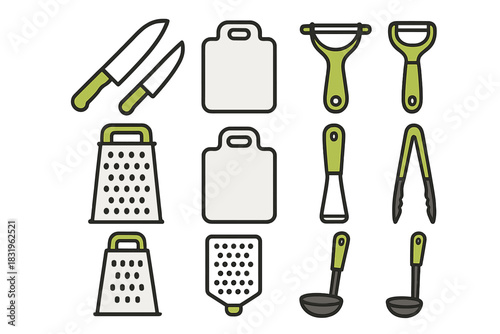 Collection of kitchen tools including knives, cutting boards, and utensils on a white background suitable for cooking preparation