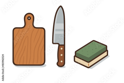 Cutting board, knife, and sponge arranged for kitchen preparation and cleaning tasks in a simple kitchen setting