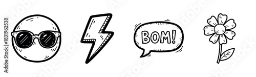 Playful doodle icons: sunglasses emoji, lightning, boom text, flower