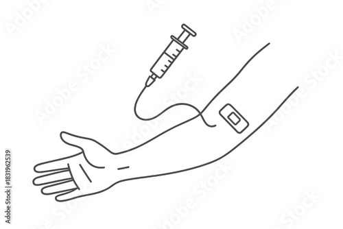 Blood donation process showing a syringe and bandage on a volunteer's arm in a clean clinic setting