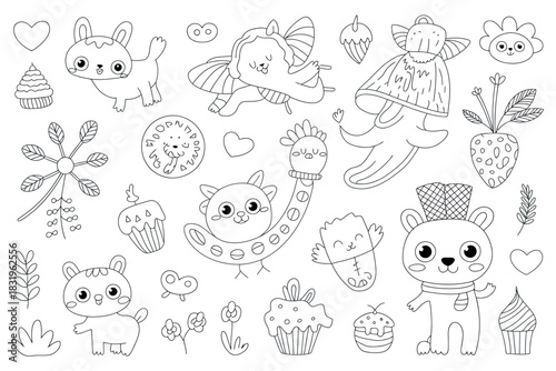 Line drawing of cute animals plants and desserts for coloring or decoration