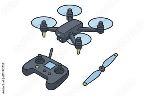 Drone ready for flight with remote control and spare propeller in a well-lit indoor area