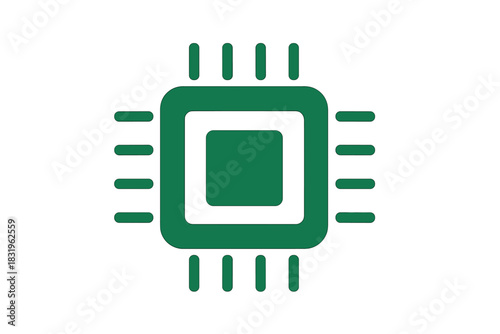 Illustration of a green microprocessor with connections displayed on a plain background, representing technology and circuitry design