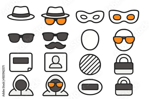 Variety of simplistic icons representing themes of mystery, disguise, and security displayed in a grid format