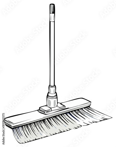 Illustration of push broom with long handle for sweeping floors and cleaning surfaces.