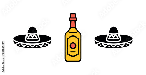 Illustration of a tequila bottle between two sombreros on a white background