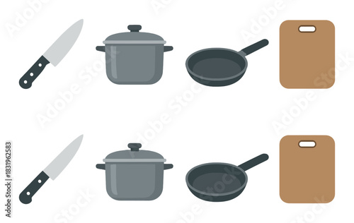 Kitchen utensils illustration: knife, pot, pan, and cutting board highlights