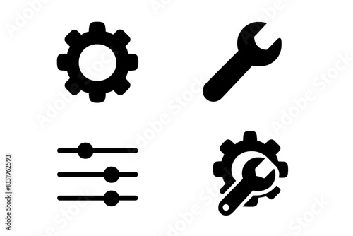 Icons representing tools and settings for mechanical or digital applications in a minimalist style