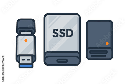 Different types of storage devices including USB flash drive, external SSD, and hard drive on a white background