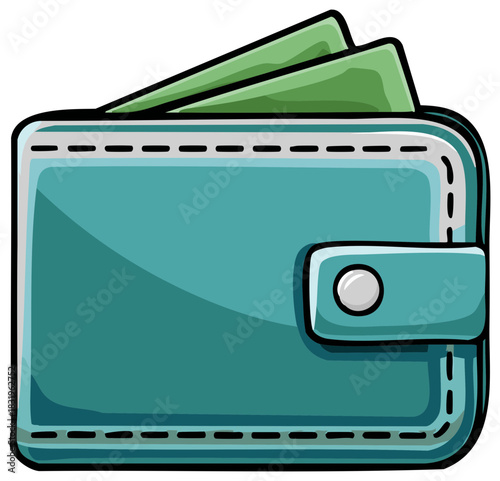 Cartoon illustration of a teal wallet filled with cash money banknotes