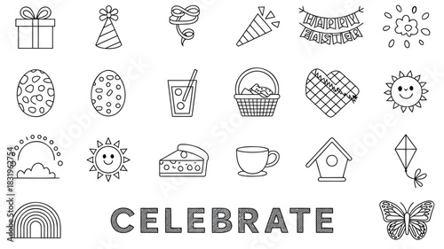Collection of simple line art icons celebrating spring holidays and festive occasions with a cheerful vibe