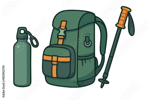 Hiking gear setup including a backpack, water bottle, and trekking pole for outdoor adventures