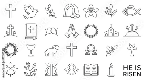 Collection of christian religious symbols and icons representing faith hope and resurrection including crosses doves and churches