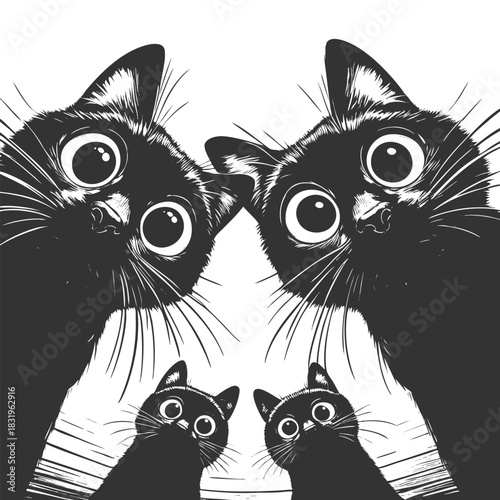 Adorable group of curious black cats with big eyes peering downward sketch engraving generative ai fictional character vector illustration. Scratch board imitation. Black and white image.