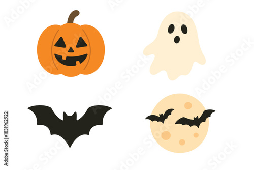 Colorful Halloween decorations featuring a pumpkin, ghost, bat, and moon on a white background