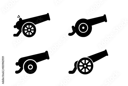 Different designs of cannons showcasing historical artillery in various positions and angles