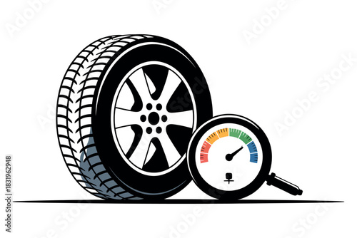 Illustration of a car tire with a pressure gauge showing the pressure