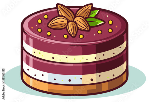 Delicious layered mousse cake with berry jelly and almonds illustration