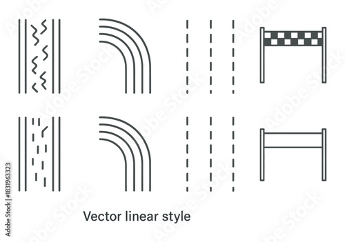 Monochrome road markings and barrier icon set in linear style