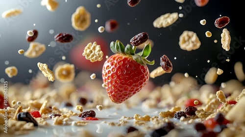 strawberry in midair with granola and raisins.