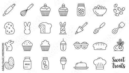 Collection of easter baking and sweet treat icons including bunnies cupcakes bread and baking tools