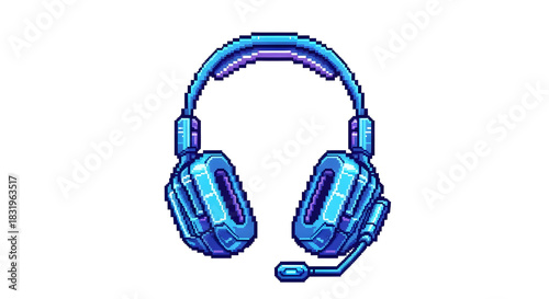 gaming headset PNG illustration in pixel art style with bold blue tones, suitable for digital gaming themes and tech asset collections
