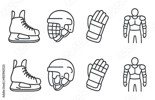 Hockey gear icons: skates, helmet, gloves, pads on dark background