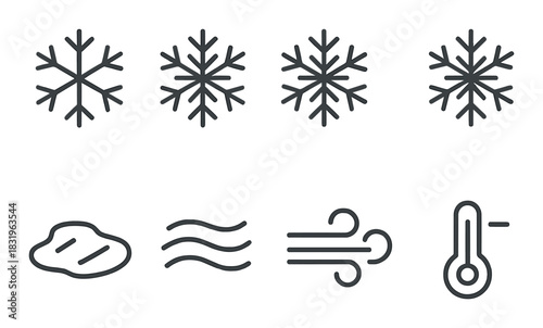 Weather icons: snowflakes, wind, cloud, and thermometer on black background