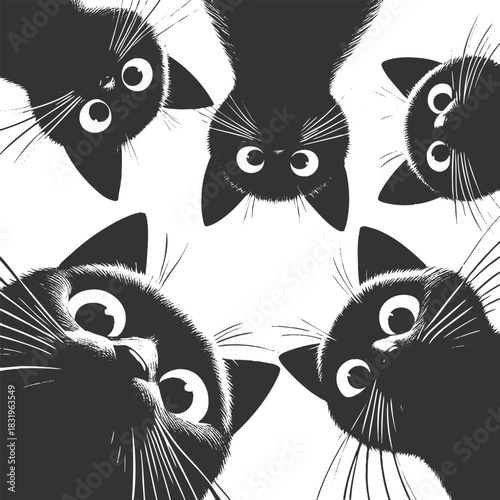 Adorable group of curious black cats with big eyes peering downward sketch engraving generative ai fictional character vector illustration. Scratch board imitation. Black and white image.