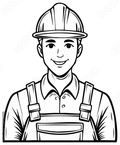Illustration of construction worker wearing hard hat and overalls in black and white
