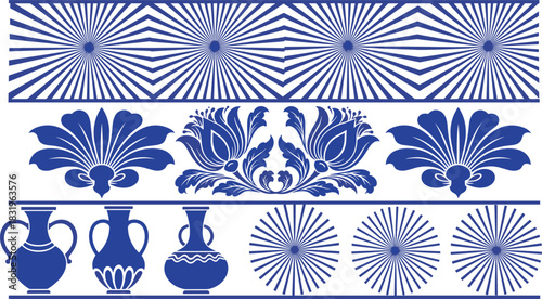 Decorative blue and white ornamental patterns and vases with sunburst motifs vector illustration