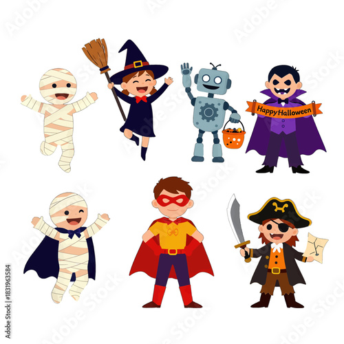 Cute Halloween characters in festive costumes for kids