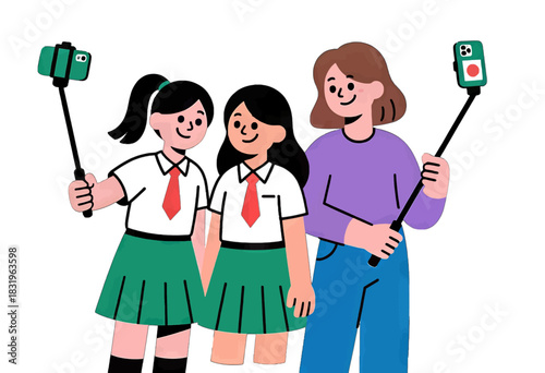 Cute cartoon students and teacher taking selfies with phones