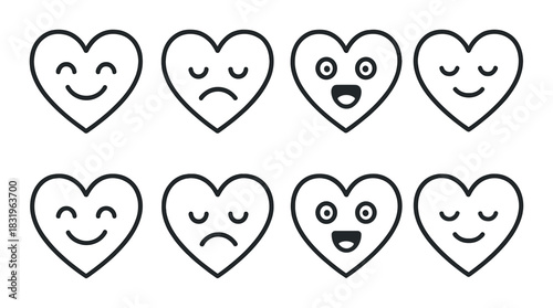 Set of eight heart-shaped faces exhibiting various emotions