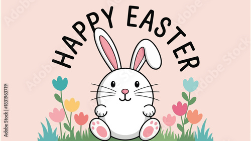 Cute cartoon white bunny rabbit sitting in grass with colorful flowers and happy easter text