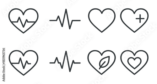 Heart and health symbols: pulse lines, nature, and care icons on black background