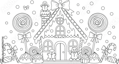 Detailed Gingerbread House Coloring Page with Abundant Candy Decorations Keywords: gingerbread, house, coloring, page, candy