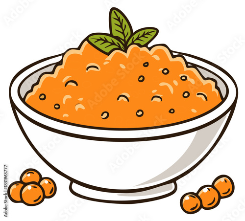 Delicious orange berry compote in a white bowl with fresh mint leaves and berries
