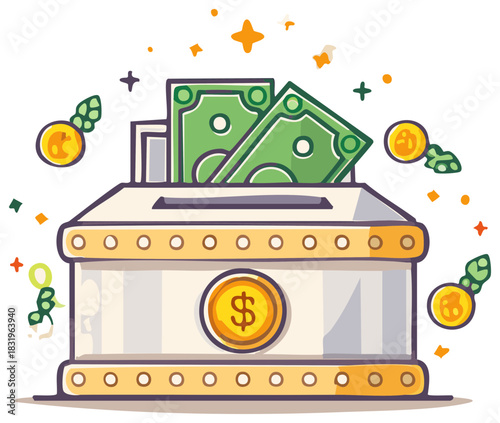 Money box overflowing with cash and coins symbolizes financial growth and wealth accumulation