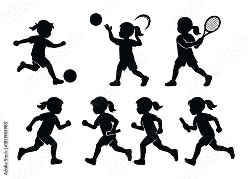 Silhouettes of children playing various sports activities on dark background