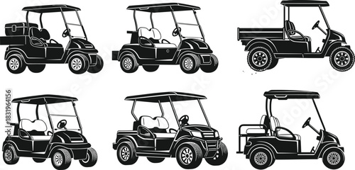 Silhouette vector illustration of six golf cart types—transportation, utility, and recreation vehicles for resort, sport, delivery, and maintenance use