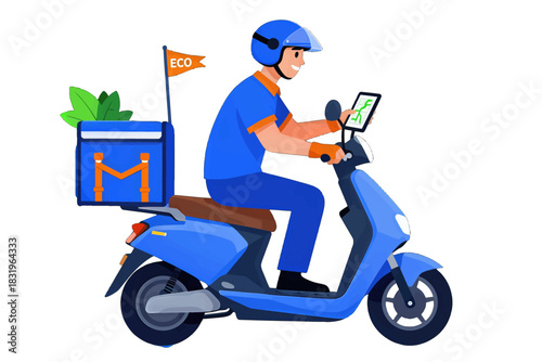 Delivery person on blue scooter with eco-friendly box