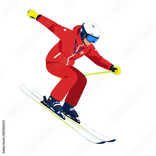 Dynamic Skier in Red Gear and Helmet Skiing Downhill