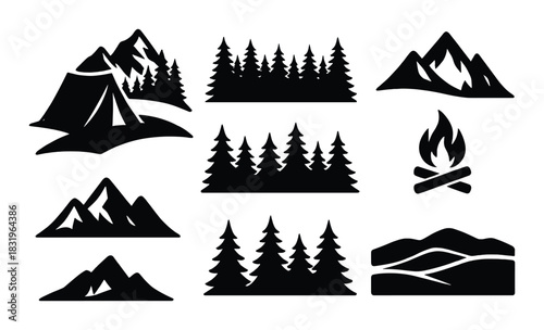 Silhouette icons of mountains, forests, and campfire on brown background
