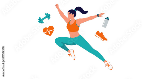 Energetic woman exercising with fitness icons and gear
